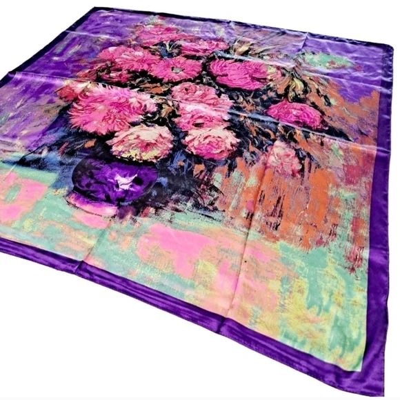 Square Satin Floral Print Neck Scarf Boho oversized oil painting 💖2/$30 - Picture 5 of 16